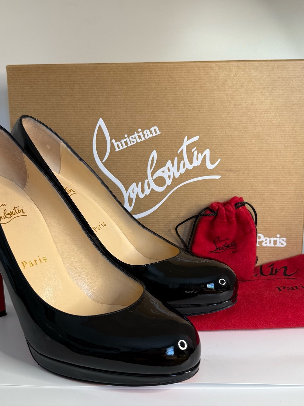 Christian Louboutin Black Patent Leather Round-Toe Pumps with Red Accents 120MM